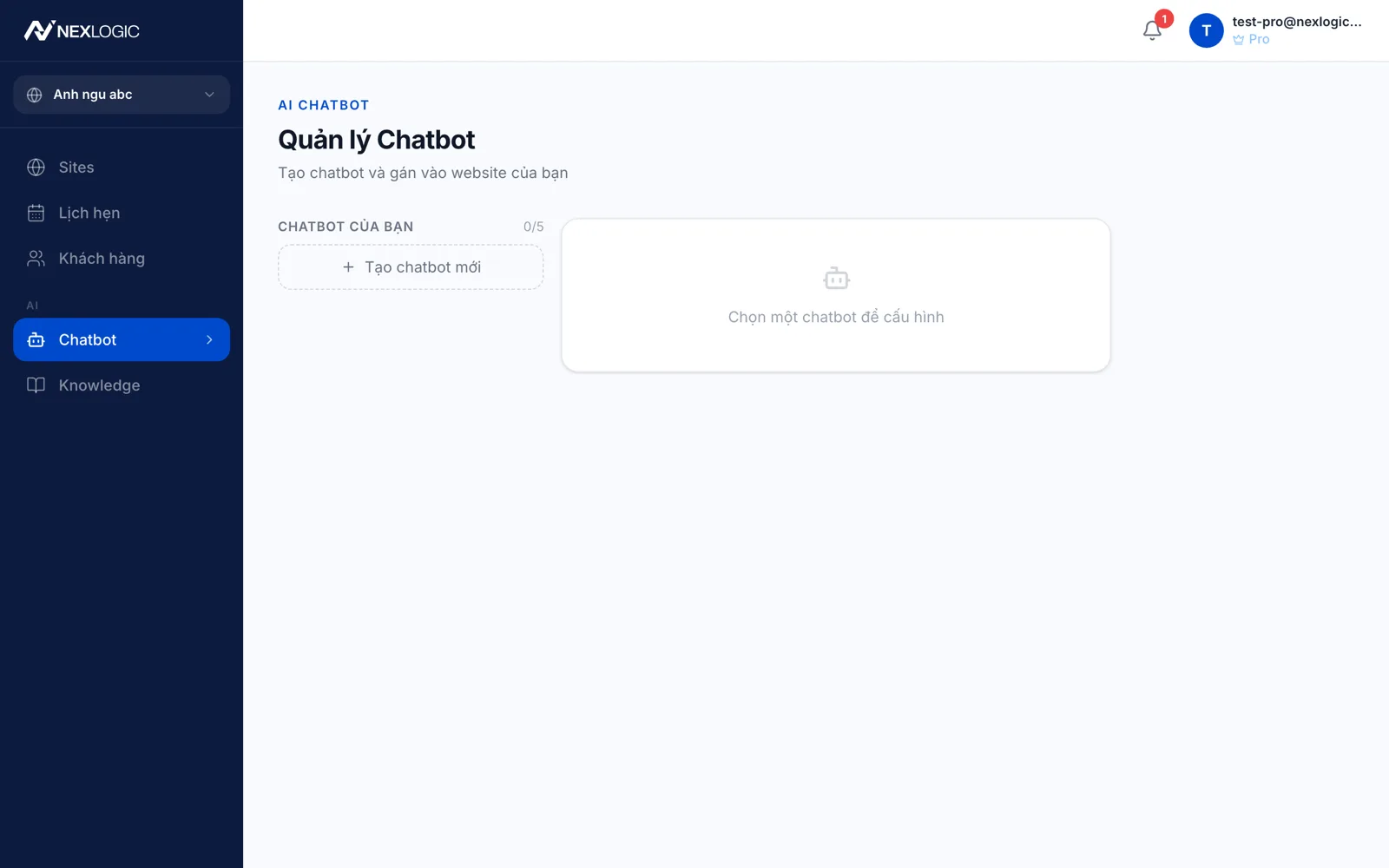 Trang quản lý AI chatbot trong dashboard NexLogicWeb