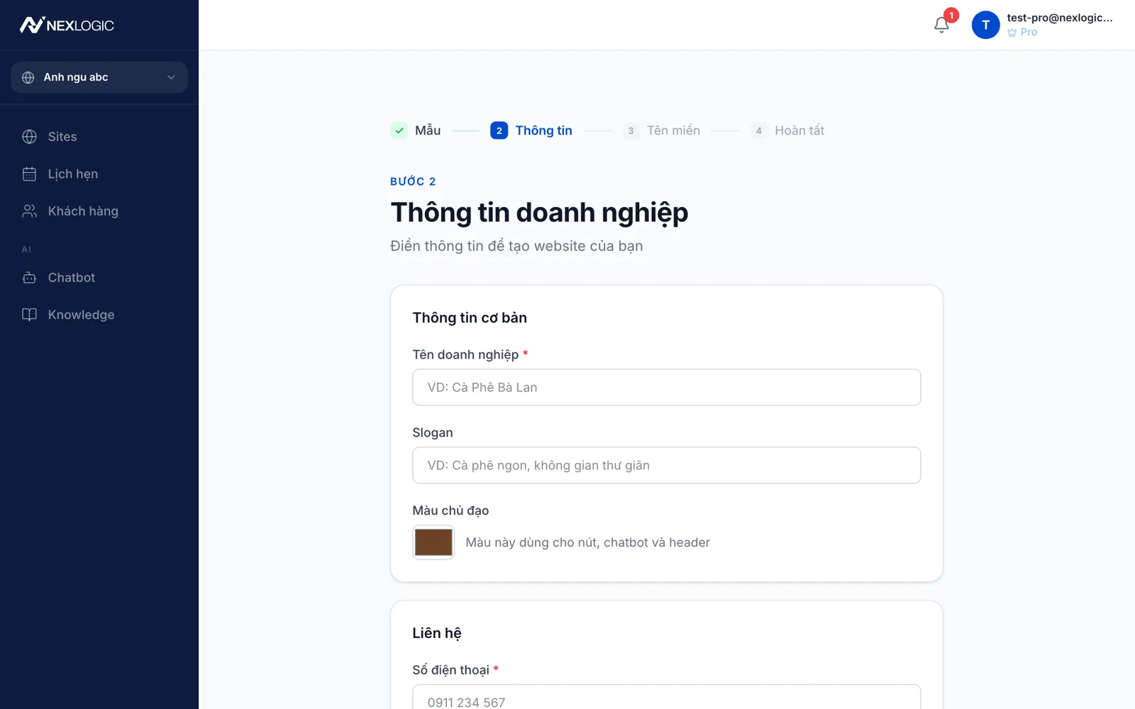 Điền thông tin quán cà phê khi tạo website